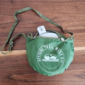 Vintage Official Trail Mess Kit Aluminum American Camper Scouts Green Bag